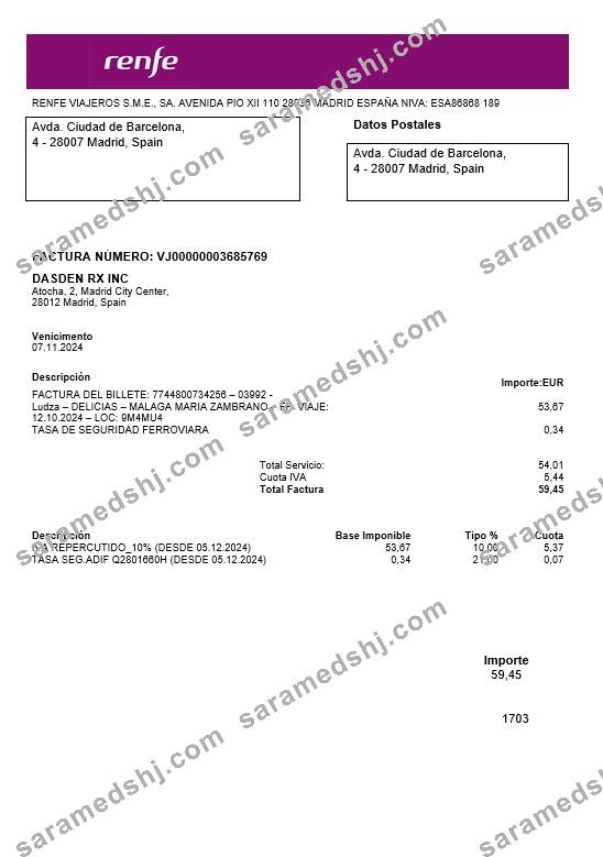 Spain Renfe business utility bill template in Word and PDF formats